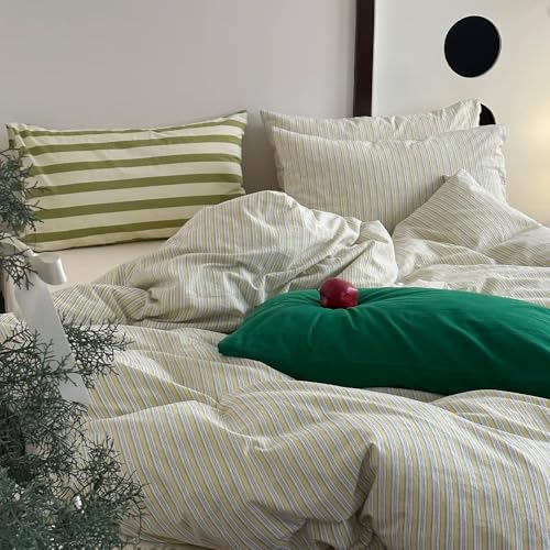 Image of MKXI French Stripe Duvet Cover Set King - 3 Piece Vintage Aesthetic Bedding, 100% Washed Cotton, Yellow & White Vertical Stripes, Zipper Closure & Corner Ties, Modern Farmhouse Style