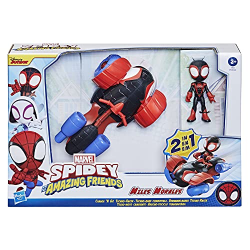 Marvel Spidey And His Amazing Friends Change 'N Go Techno-Racer Vehicle And Miles Morales: Spider-Man 4-Inch Action Figure, For Kids Ages 3 And Up , Black #TOP3