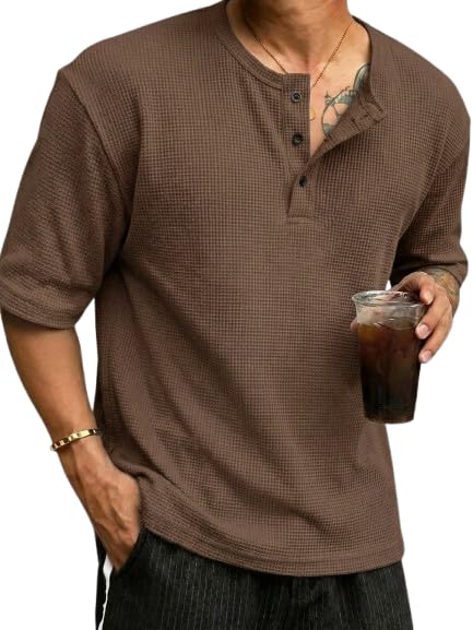 HeraDawn Men's Waffle Knit Henley Half Sleeve Tshirt for Men