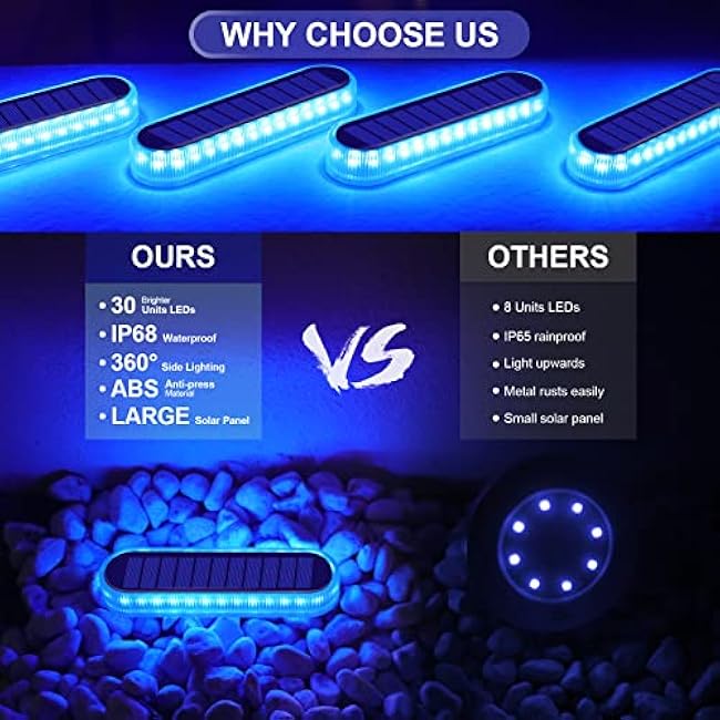 YiLaie Blue Solar Dock Deck Lights Solar Powered Outdoor Waterproof, Stick on Lights for Step Stairs Driveway (4 Pack)