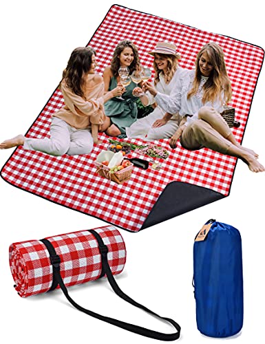 Picnic Blanket 79 x59 with 3 Layers Materia Waterproof Foldable Plaid Picnic Mat for Camping Beach Park Family Concerts Fireworks (Red and White Checkered, 79x59)