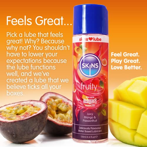 Image of Skins Mango & Passionfruit Flavoured Lube with ReAquav8 Technology - Water Based lube with Mango & Passionfruit Flavour - 4Oz