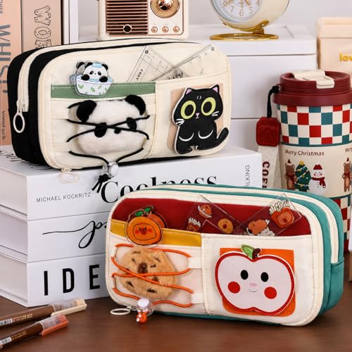 Image of WORSHIPER Large Capacity Cute Aesthetic Pencil Case with Multi ompartments, Multi-Pocket Pastel Pen Pouch Organizer with Zipper, Kawaii School Supplies Bag for Girls, Teens & Students (Black Cat)