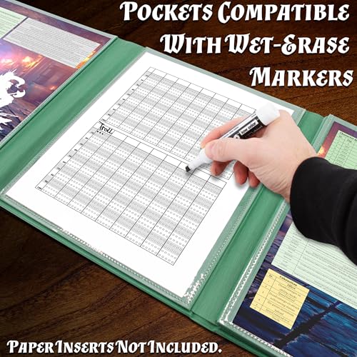 CASEMATIX DM Screen PU Leather 8-Panel Deluxe GM Screen - Eight Panel Folding Dungeon Master Screen with 2 Swinging Panels and Wet Erase Pockets for TTRPGs - Green, Inserts Not Included, Green by CASEMATIX - Image 4