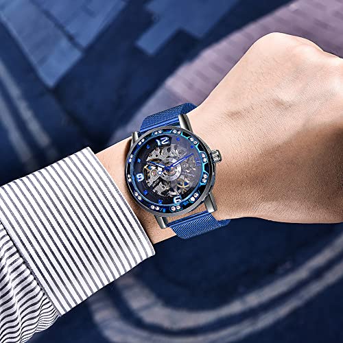 Tiong A1089 Blue Mesh Band Men's Casual Mechanical Watch, Waterproof Business Mechanical Mesh Band Watch Arabic Digital Dial for Men-Blue by Tiong - Used condition - Image 7