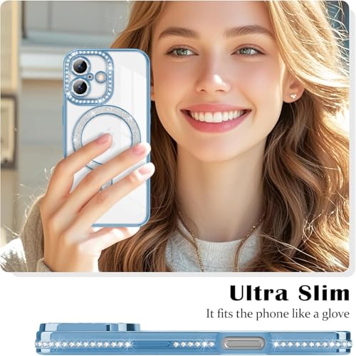Image of Elzzi Compatible with (iPhone 17 Case) Clear Luxury Diamond Glitter Case |Camera Lens Protector with Glitter Ring | Premium Shockproof Glossy Shiny Back Cover Case for Girls Women -Blue