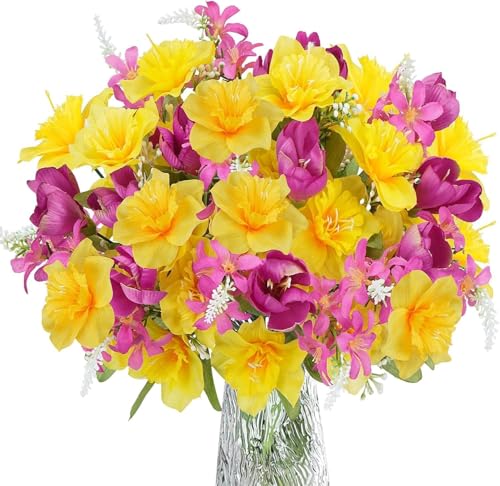 Zytherm 4 Bundles Spring Artificial Flowers Faux Daffodil Narcissus Bouquets Fake Tulip Yellow Silk Easter Flowers Arrangements for Wedding Home Table Centerpieces Outdoor Window Box