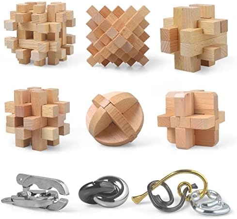 ActPo Wooden Puzzles and Metal Puzzles Gift for Kids and Adults Family Game Educational Brain Puzzle Office Toys 3D Unlock Interlock Assorted Brain Teasers for Adults Puzzles Kids Fun Game Puzzles Box