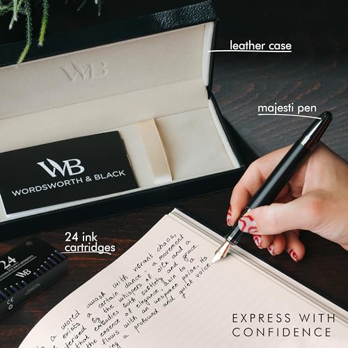 Image of Wordsworth & Black Majesti Luxury Fountain Pen Set for Writing, Medium Nib | Black, Gift for Men Women, Gold Finish, 18K German Iridium, Calligraphy, Converter + 24 Ink Cartridges, Refillable