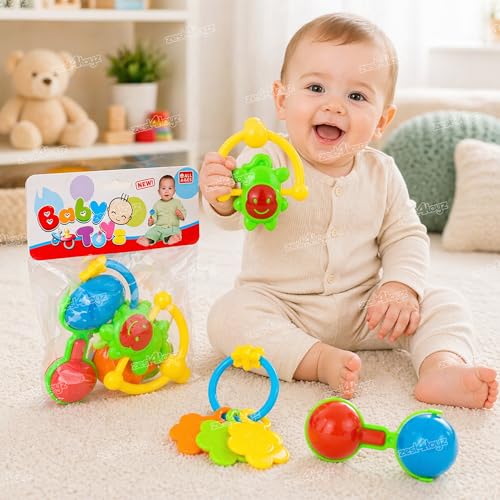 Image of Zest 4 Toyz Rattles Toys for Babies Colorful Lightweight Plastic Non Toxic Shake & Grab Rattle Set for New Born Kids (Multicolor) - Pack of 3