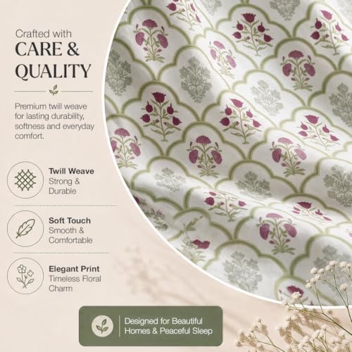 Image of HOMEMONDE 186 TC Soft Cotton Fitted Sheet Floral Printed Queen Size Elastic Fitted Bedsheet with Two Pillow Covers - (78 x 72 Inches, Spring Buds Pink) | Perfect for Home Decor & Gifting