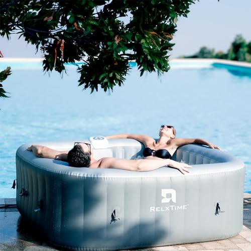 Blow Up Hot Tub 4-6 Person, Inflatable Spa Square Portable Outdoor Hottub, 130 Soothing Bubble Air Jets, Cover, 2 Filter Cartridges, Grey