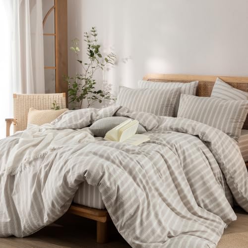 Image of BESTOUCH Striped Cotton Duvet Cover Set Linen Feel Super King | 100% Washed Cotton, Soft Wrinkle Texture, Hidden Zipper, 8 Ties, Breathable Lightweight Durable Comfy, 3 Pcs No Insert