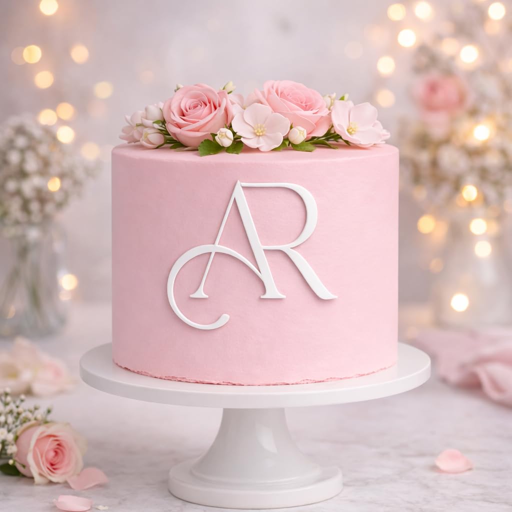 ZMR SHOP CRAFT Personalise Monogram Cake Topper, 3mm Thickness MultiColored Acrylic Initial Topper, Wedding and Birthday Decoration (White)