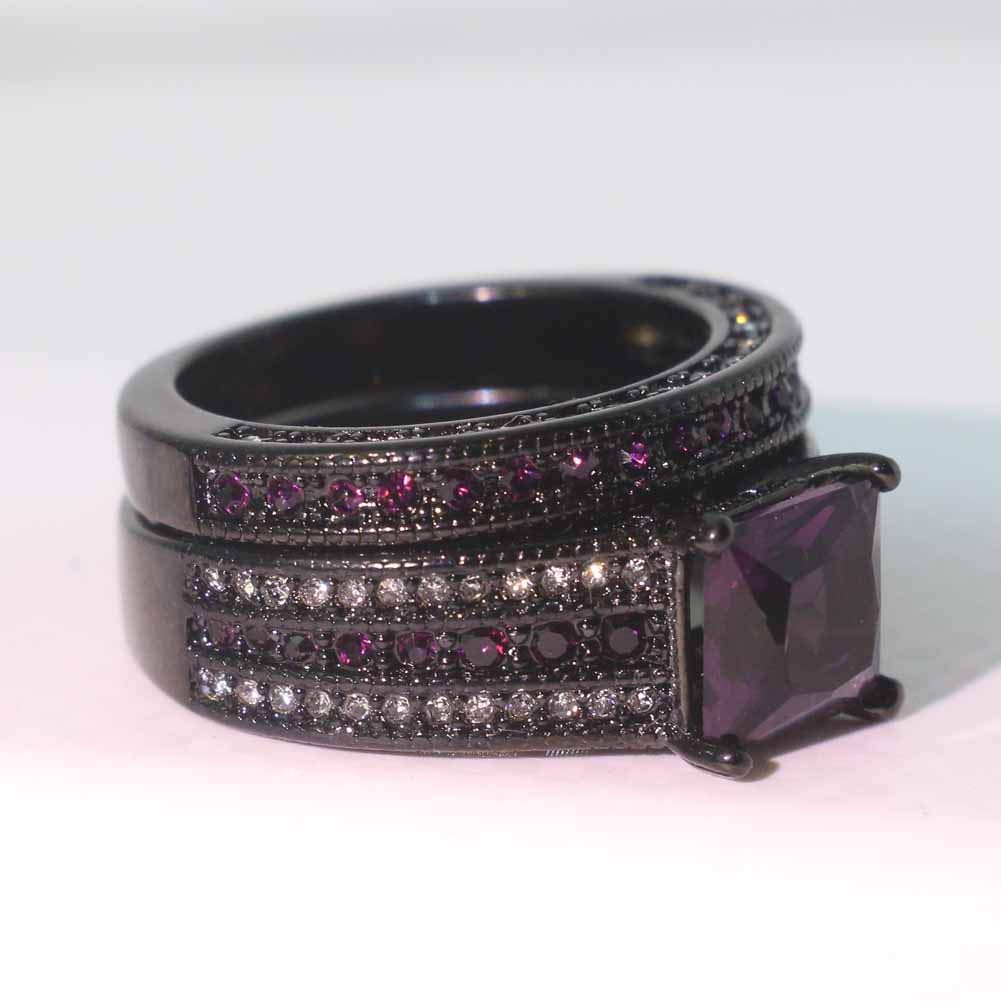 Conjuntos nupciales de lujo chapados en oro negro para mujer, conjuntos de anillos de boda de corte princesa de 0.315 in de circonita azul, Metal Cristal rhinestone, Zirconia cúbica 2