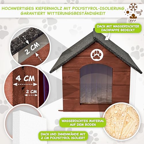 Outentin Hundehütte Outdoor Isoliert - Hundehaus für Mittelgroße Hund - Winterfest und Wetterfest - Hunde Haus für Draußen mit schrägem Dach - Stabile Villa und Moderne Design - 76 x 63 x 60cm-Nuss