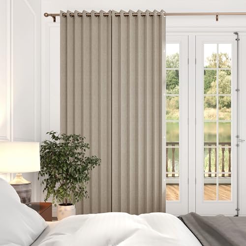 HMYI 52 W x 90 L Inch Pinch Pleat Look Curtain Room Darkening Thermal Insulated Faux Linen Drape for Living Room/Bedroom/Meetingroom Club/Theater/Patio Door, 1 Panel, W52 x L90, Tan