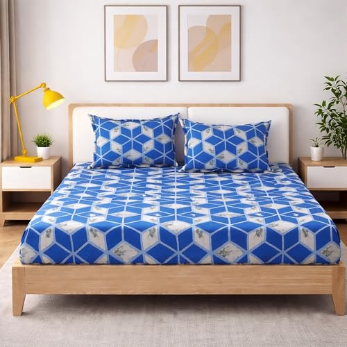 Image of 350 TC Premium Heavy Cotton Feel Elastic Fitted Bedsheet King Size with 2 Pillow Covers || Double Bed with All Around Elastic (Blue Geometric, Fitted - Double72x72)