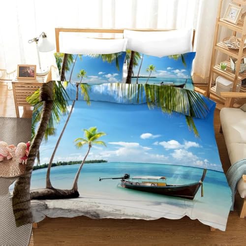MLUNKQAIL Parure de Lit 200x200 Bateau Sets de Housses de Couettes Noix De Coco Housse de Couette 3 Pièces Microfibre avec Fermeture Éclair et 2 Taies...