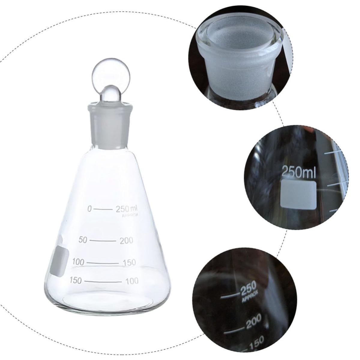 Ipetboom Set da 3 Beute Coniche da 250ml in Vetro con Tappo, con Scala Graduata Chiara, per Esperimenti Scolastici e Forniture di Laboratorio per Studenti