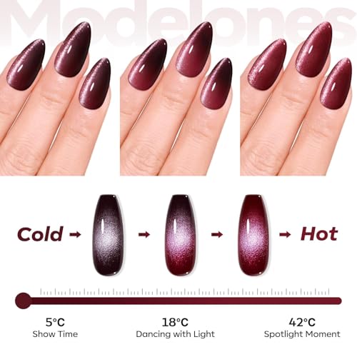 Image of modelones Red Cat Eye Gel Nail Polish Burgundy Wine Color Changing Mood Temperature Change valentine Nail Polish Gel Soak Off Nail Art New Year Party 15ML