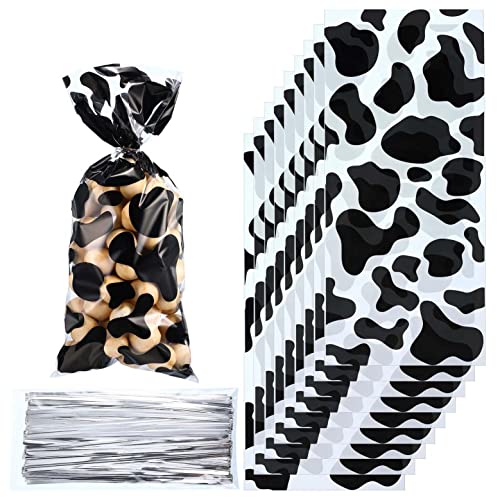 Blulu 100 Pieces Cow Print Decorations Farm Animal Candy Bags Heat Sealable Cow Print Treat Bags with 100 Pieces Silver Twist Ties for Farm Western Party Favors Animal Picnic Supplies