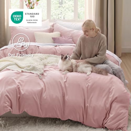 Image of Bedsure Prewashed Duvet Cover Full, Cotton-Like Soft Bedding Set, Pink