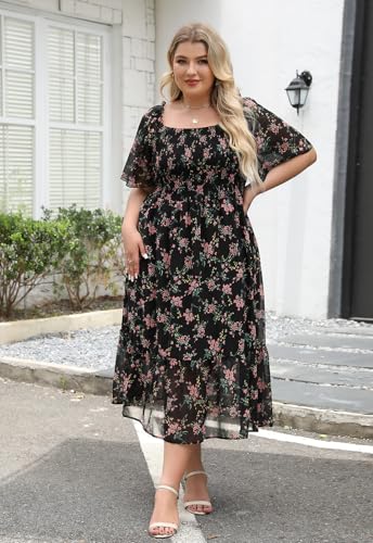Image of Keluummi Plus Size Wedding Guest Maxi Dresses for Curvy Women, Summer Casual Boho Floral Smocked Empire Waist A Line Sundress