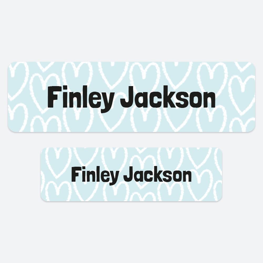 50 x No Iron Personalised Stick On Waterproof Washable Name Labels Great for Clothes, School Uniform, Equipment, Shoes. School, Nursery, Day Care, Hospital - Doodle Hearts Blue โ image 1
