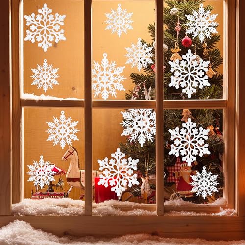 Image of 60pcs Snowflakes-Christmas Tree Decorations, Snowflake Ornaments for Tree, Plastic Glitter White Snow Flakes Ornaments, Christmas Indoor Winter Wonderland Decor