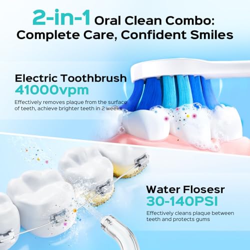 Image of COSLUS C51C30 Water Flosser Electric Toothbrush Combo, 2-1 Oral Clean Kit | Portable Brushing & Flossing for Teeth & Braces Cleaning, Multiple Modes for Family Use, Cordless for Home & Travel, Pink