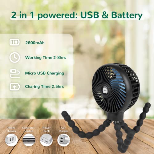 Snawowo Mini Baby Stroller Fan, Handheld Personal Portable Clip On Fan With Flexible Tripod For Stroller Bike Desk Treadmill Crib Car Seat Outdoor Camping, Usb Or Battery Powered (Black) #TOP3