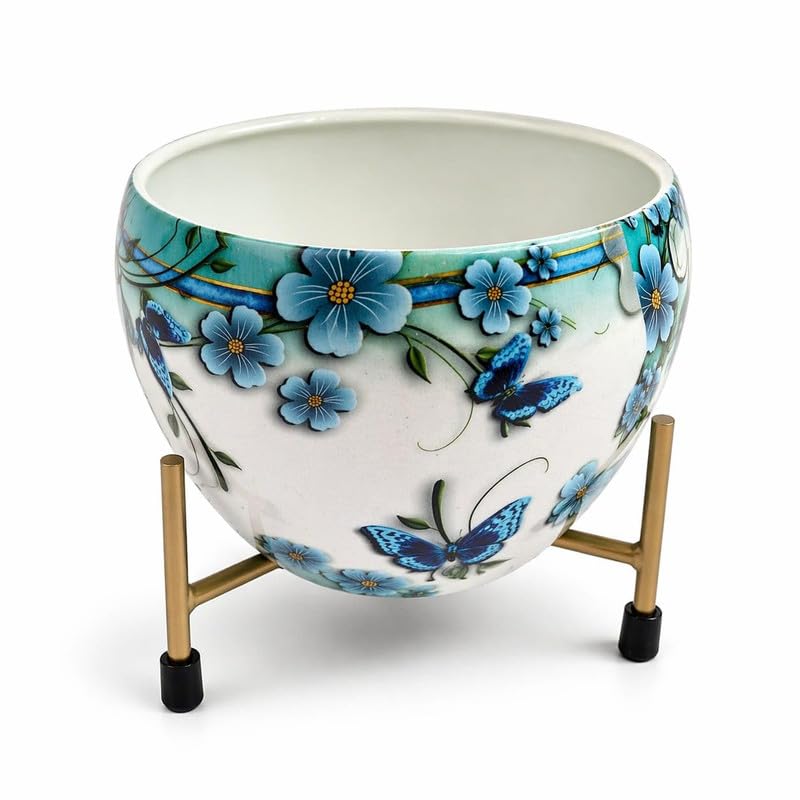 Image of Metal Flower Vase Planter with Iron Stand | Blue Floral & Butterfly Prints Decorative Indoor Plant Pot for Home Decor | Ideal for Succulents & Small Plants | 6x6x6 Inches
