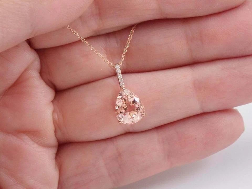 Vintage Blush Pink Teardrop 3.10 Ct Pear Morganite & Diamond Tester Passed Moissanite Pendant Necklace 18" 14K Rose Gold Over image 4