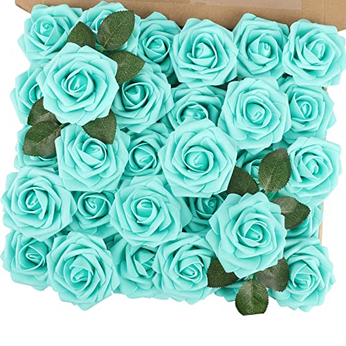 Macting Artificial Roses, 30Pcs Real Touch Fake Roses Flowers For Diy Bouquets Wedding Party Baby Shower Home Decoration (Mint Green) #TOP24