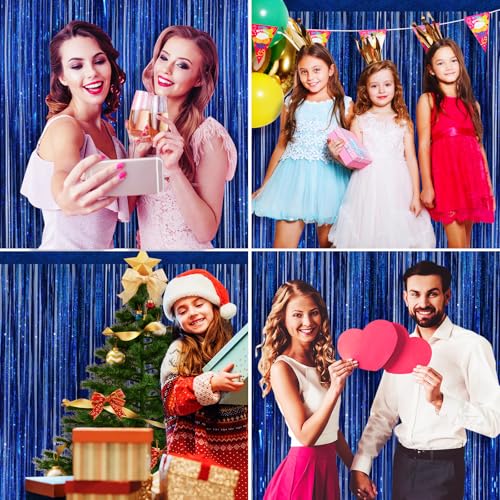 Picoway 4 Pack Foil Fringe Tinsel Backdrop Curtains, Birthday Engagement Bachelorette Party Decorations, Photo Booth Props Door Streamers Curtain (Blue)