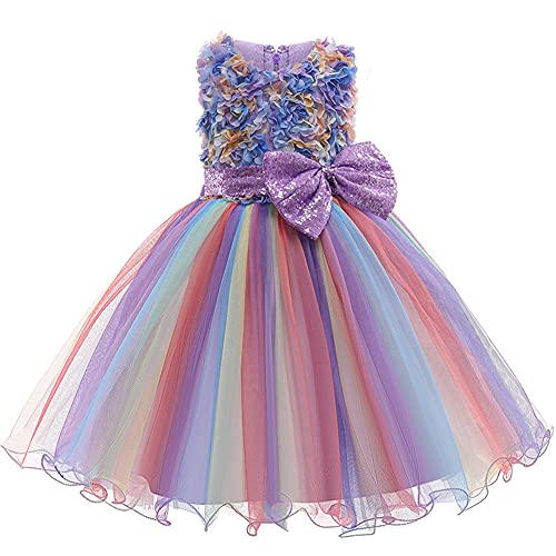 LZH Vestido de Princesa para niña, Flor, Lentejuelas, Lazo, Tul, Malla arcoíris, Fiesta de cumpleaños, Boda, Dama de Honor, Vestidos de niña, 0732-morado, 6-7 años Cover
