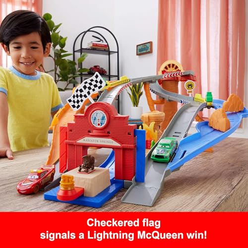 Mattel Disney and Pixar Cars Toy Playset, Lightning McQueen & Chicks Hicks & 2 Pitty Crew Vehicles, 2 Ways to Race, Race & Rescue Rescue Road Raceway - image 5