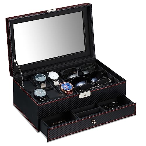 Relaxdays Organizador Gafas y Relojes, Joyero con Cajón, Caja para Guardar Joyas, 13x33x20,5 cm, Efecto Piel, Negro