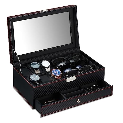 Relaxdays Almacenamiento Organizador Gafas y Relojes, Joyero con Cajón, Caja para Guardar Joyas, 13x33x20,5 cm, Efecto Piel, Negro, Tablero de Fibra 40% plástico 20% algodón, 13 x 33 x 20.5 cm