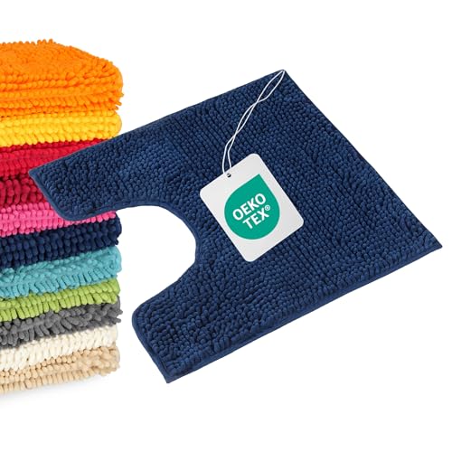 WohnDirect WC Vorleger mit Ausschnitt 45x45 cm Dunkelblau Weiche Toilettenmatte für Stand-WC Hochflor Badematte Saugstark & Bodenschonend (Versand aus DE)