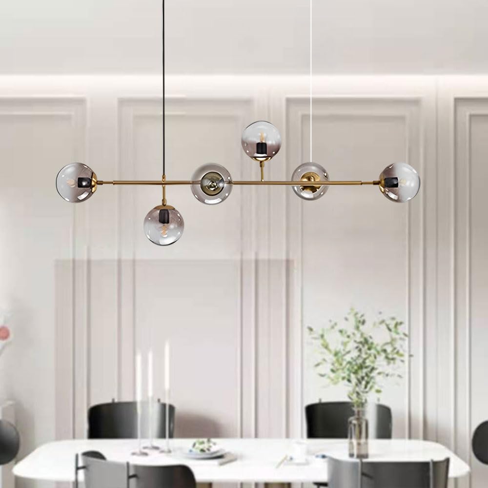Suspension D'îlot De Cuisine Moderne 130 Cm G45 Lustre Minimaliste Lampe Suspendue Boule De Verre Réglable Éclairage Suspendu À 6 Lumières pour Salle À Manger Salon Cuisine Bureau
