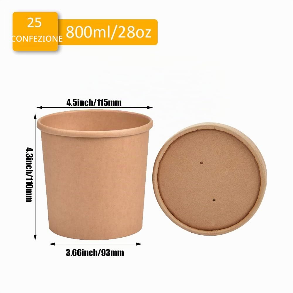 Contenitore per Alimenti da Asporto, 25 Pezzi Scatola di Zuppa, Scatole di Pasta, Ciotole Insalata, Con Copertina di Carta, A Prova di Acqua e Olio, per Ristorante Catering e Feste(26oz/800ml)