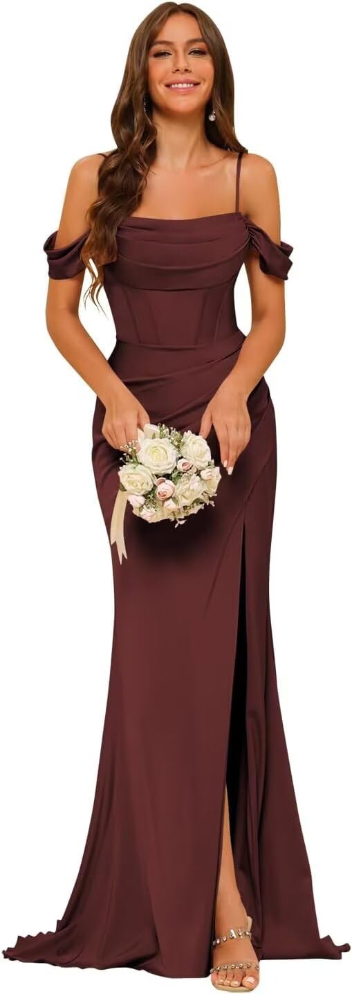 PUXIU Long Satin Bridesmaid Dresses with Silt 2026 Mermaid Formal Dress PUS046
