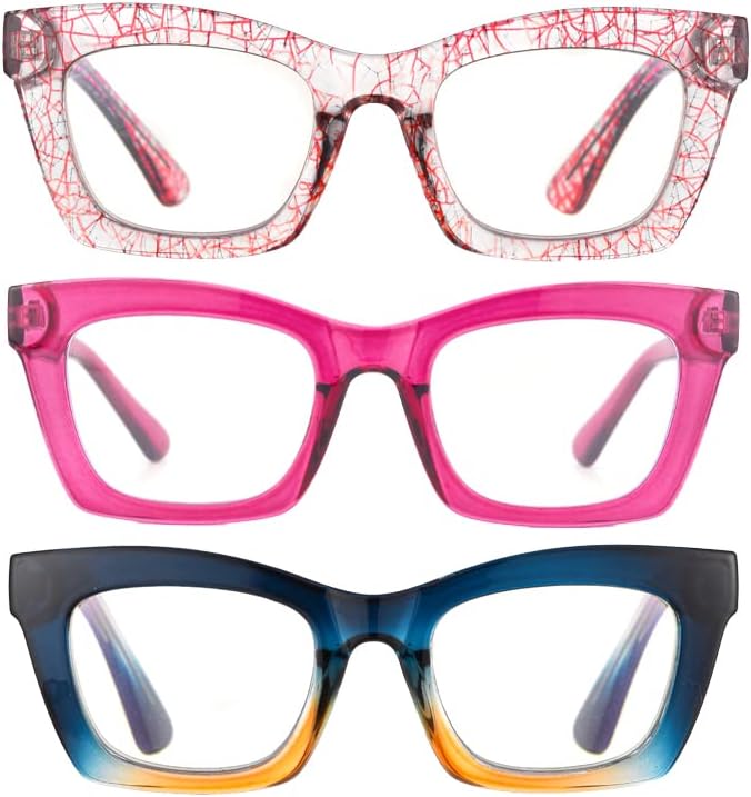 Miniatura 2 de bullabulling - Paquete de 3 gafas de lectura estilo Oprah con bisagra de resorte, bloqueo de luz azul, para computadora, montura cuadrada para