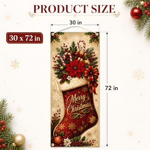 Image of Christmas Decorations - Merry Christmas Stocking Candy Cane Door Cover