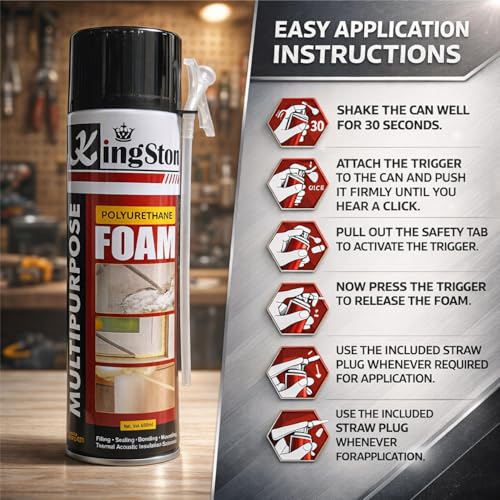Image of Kingston DIY PU Foam Sealant Spray White 450 ml- Multipurpose Wall Gap Filling, Crack & Hole Repair, Insulation, Sealing Expandable Waterproof Foam Spray for Doors, Windows, PVC Pipe & AC Ducts (1 Pc)