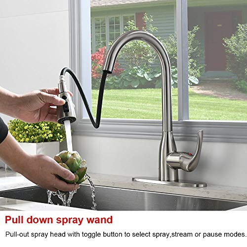 VALISY Lead-Free Modern Stainless Steel Brushed Nickel Pull Down Kitchen Sink Faucet, Single Handle 1 or 3 Hole High Arc Kitchen Faucets with Pulldown Sprayer & Deck Plate - Thumbnail 5