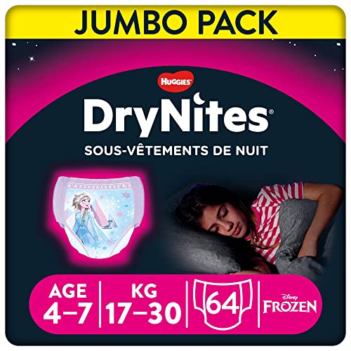 Huggies Drynites 4-7 ans Fille (17-30kg) - Sous-Vêtements de Nuit Absorbants pour Enfants qui Font Pipi au Lit - x64 Culottes (Lot de 4 Paquets de 16)