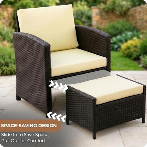 Image of DEVOKO Valencia Outdoor 5 Piece All Weather Rattan Wicker Patio Sofa Set with Water Resistant Cushioned Chairs with Glass Top Table & Ottomans for Garden, Pool, Porch, Backyard (Dark Brown & Cream)